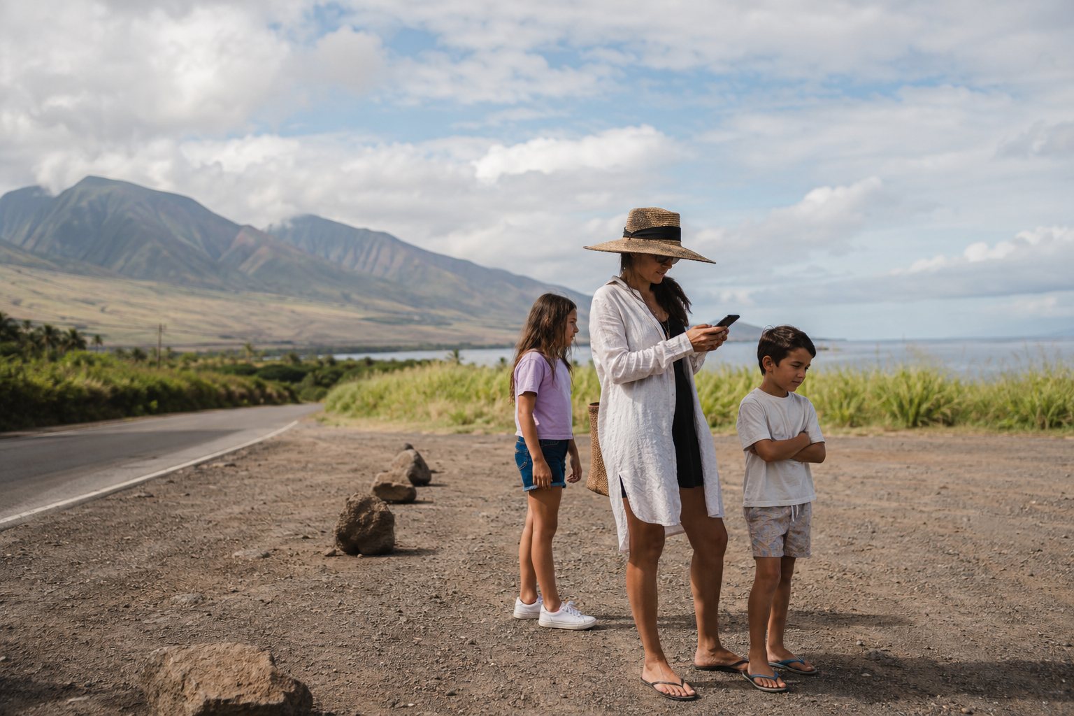A parent checks a phone at the roadside on Maui while two children wait
